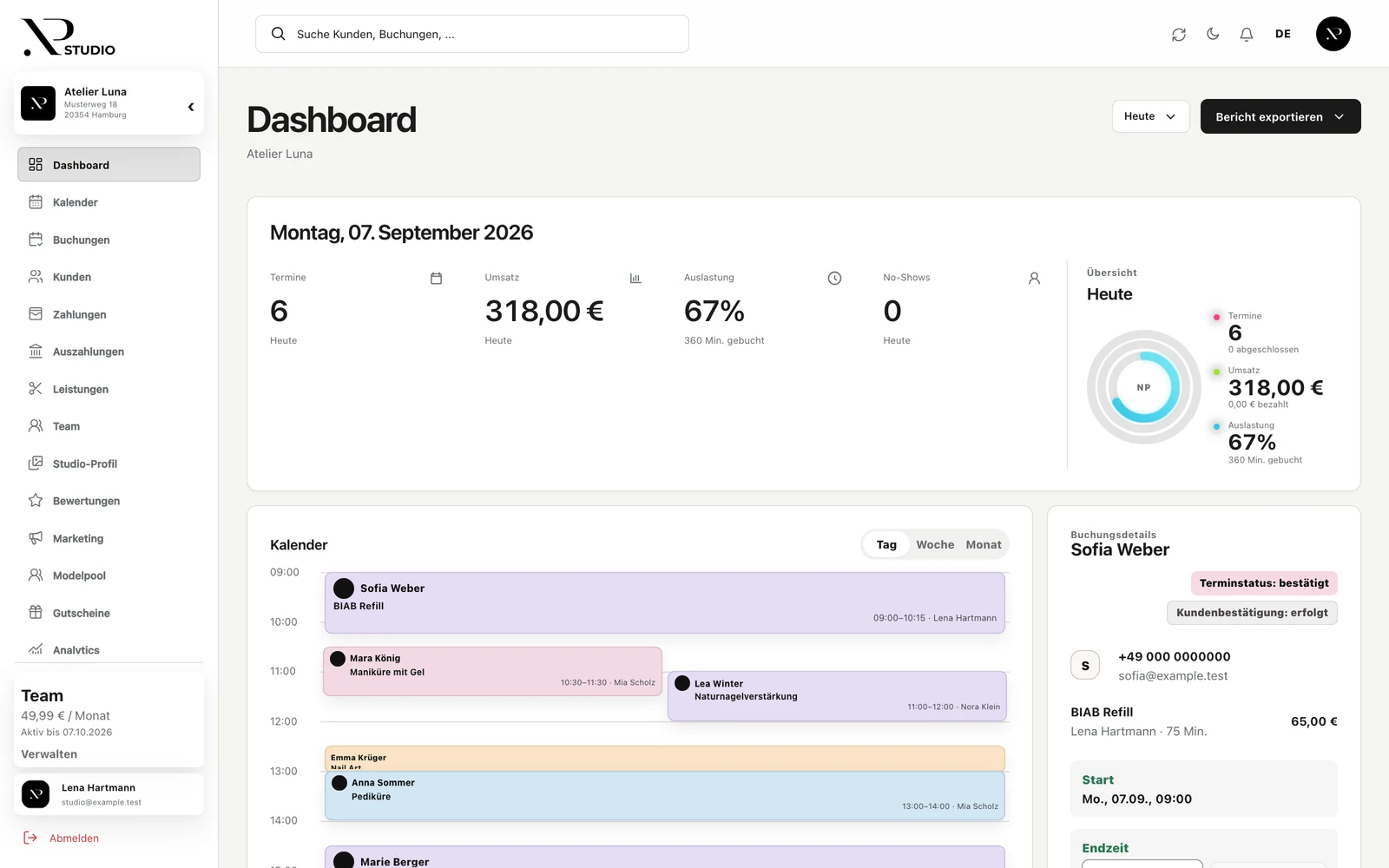 Das echte NaillyPro Studio Dashboard mit Profil, Tagesübersicht, Kennzahlen und Terminkalender